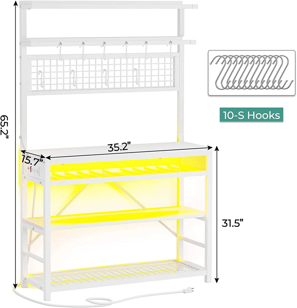 White 6-Tier Bakers Rack with Power Outlet and LED Lights V457