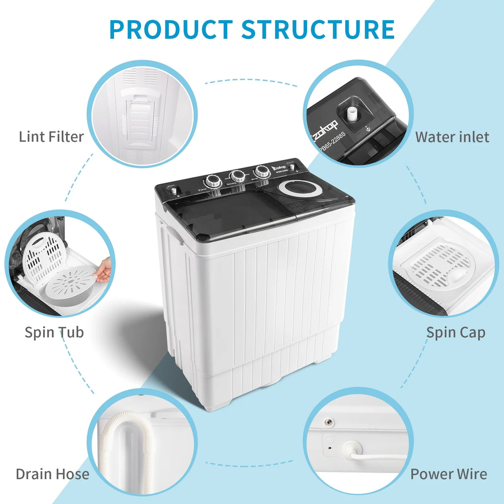 Semi-automatic Twin Tub Washing Machine, 26Lbs, White&Black U25198