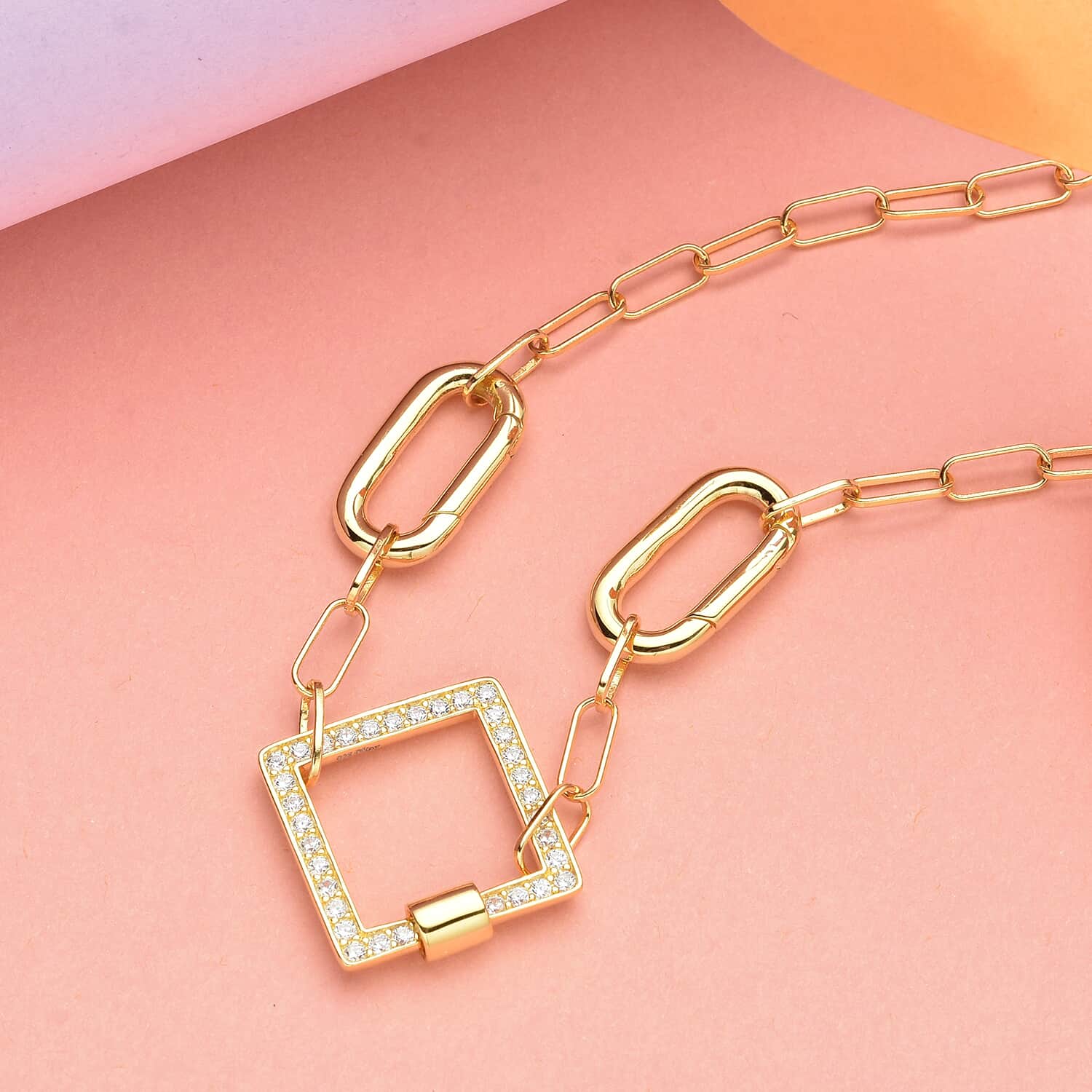 Diamond Enhancer Charm Necklace 925 Sterling Silver 14K Yellow Gold Plated Paperclip Chain Jewelry 18" R784
