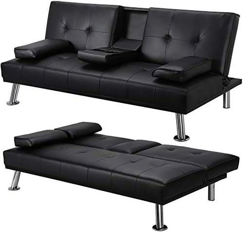 Gray Faux Leather Sofa Bed Futon with Armrest D941