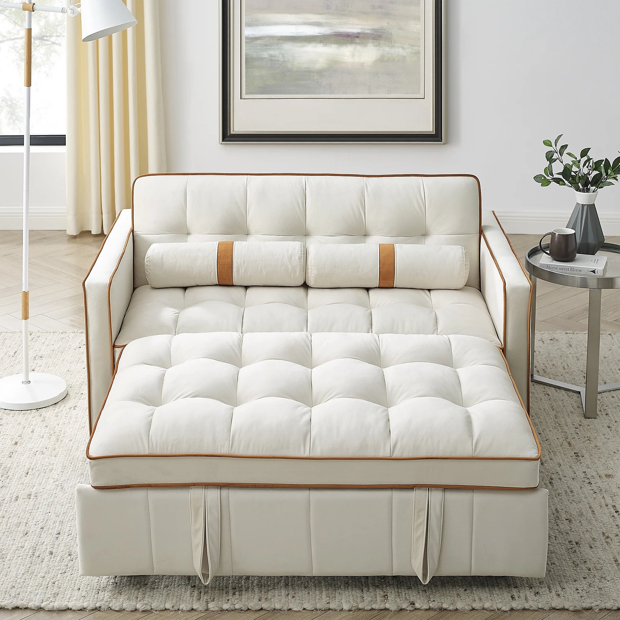 Beige 2 Seater Pull Out Sleep Sofa Bed with Side Pockets D599