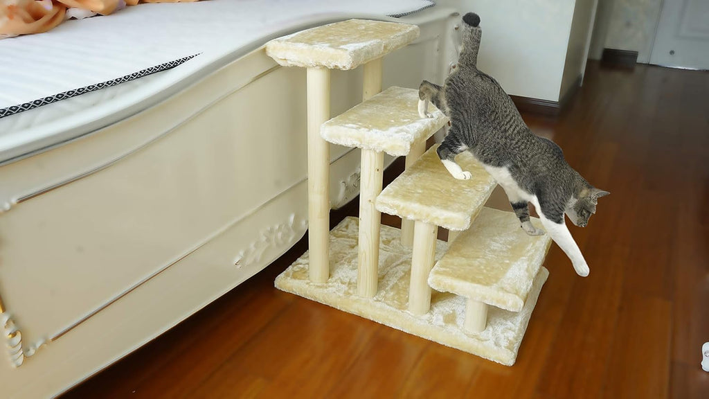 White 4-Step Wooden Pet Stairs with Detachable Carpet Q821