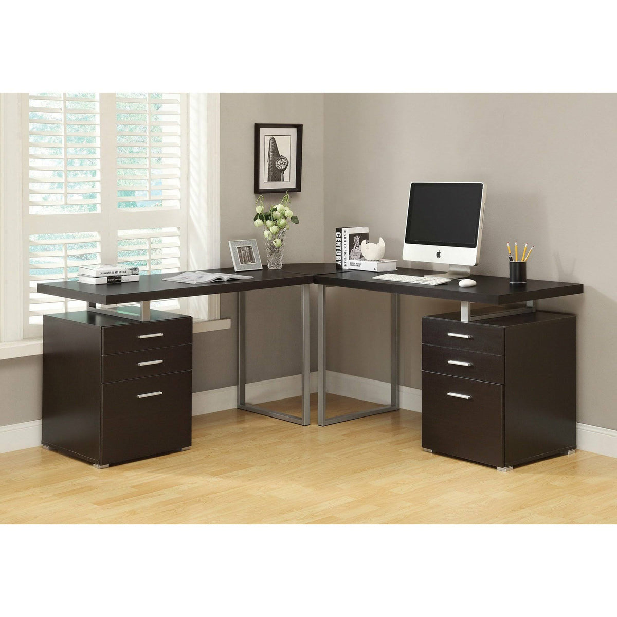 23.75x22 x 47.25x22 x 30x22 Cappuccino Silver Particle Board Metal Computer Desk P841