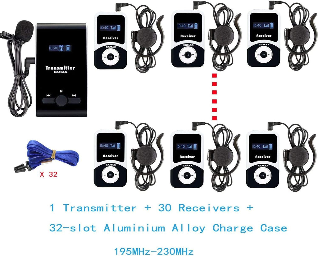 Wireless Tour Guide Voice Audio Transmission System with 32-slot Charge Case (2 Transmitters and 30 Receivers) B8362