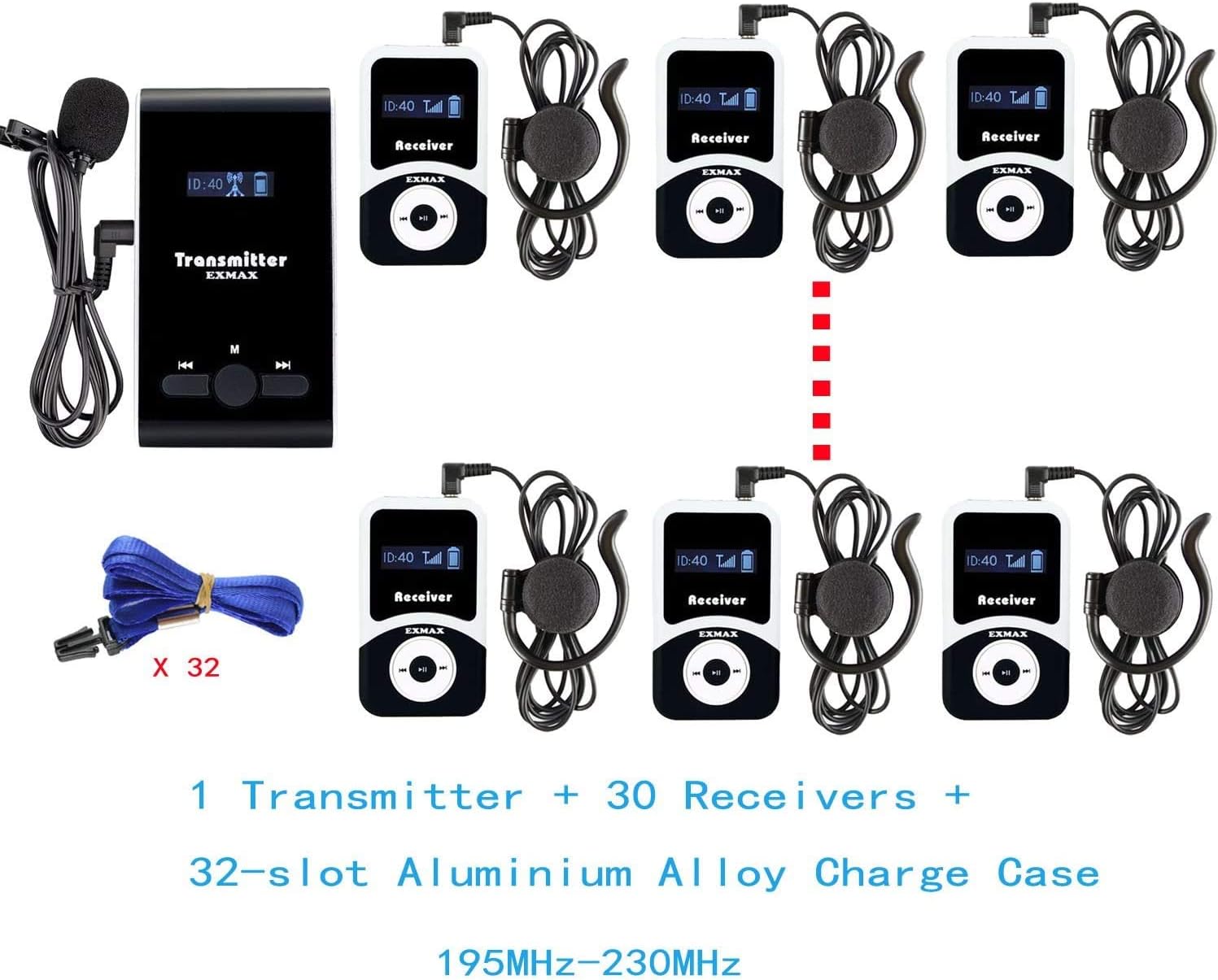 Wireless Tour Guide Voice Audio Transmission System with 32-slot Charge Case (2 Transmitters and 30 Receivers) B8362