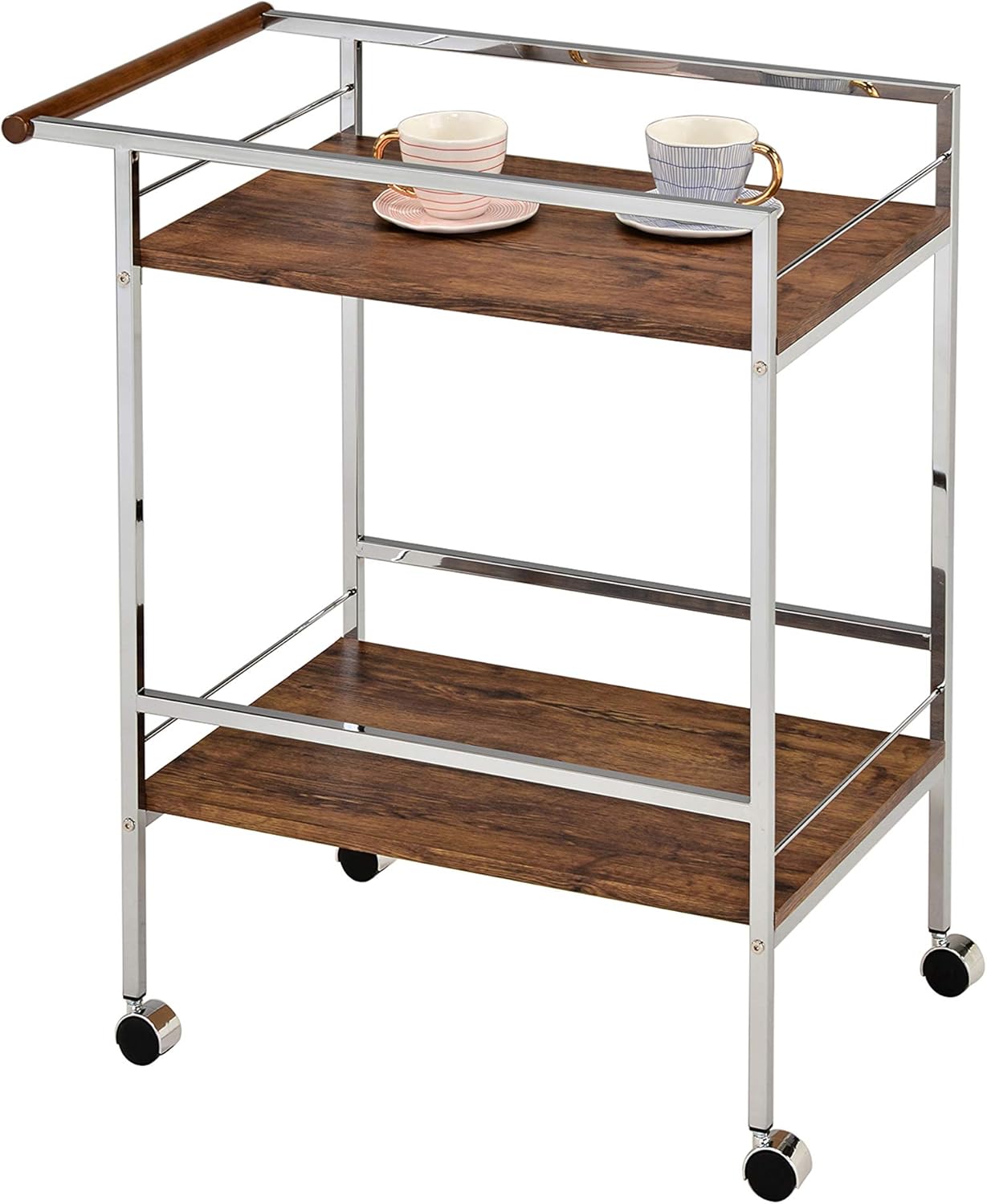 Chrome Oak Wood Metal Rolling Bar Serving Cart G5010