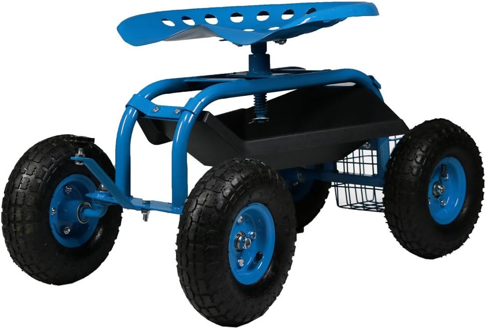 Green Rolling Gardening Chair Cart with Swivel Seat and Storage Basket C557968
