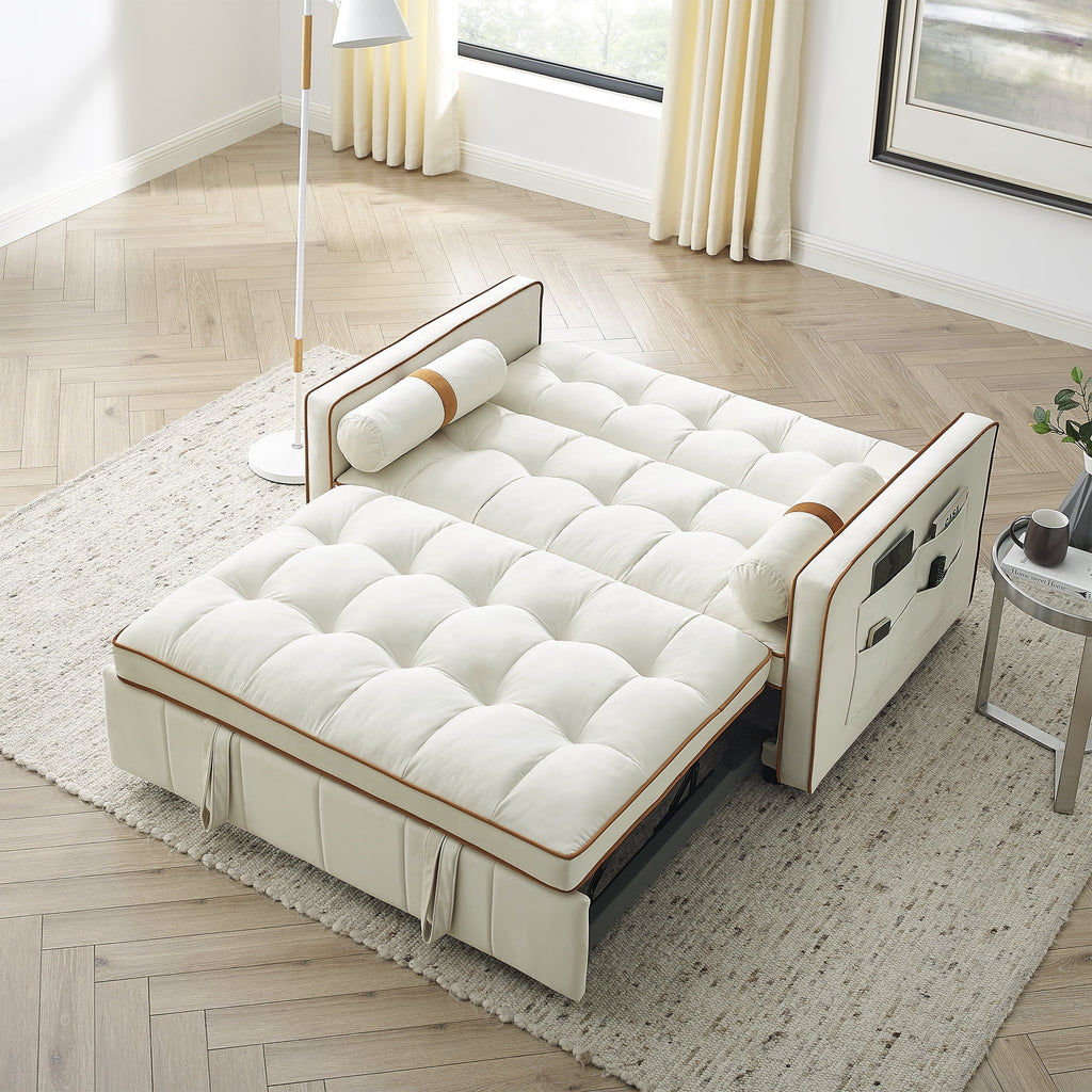 Beige 2 Seater Pull Out Sleep Sofa Bed with Side Pockets D599