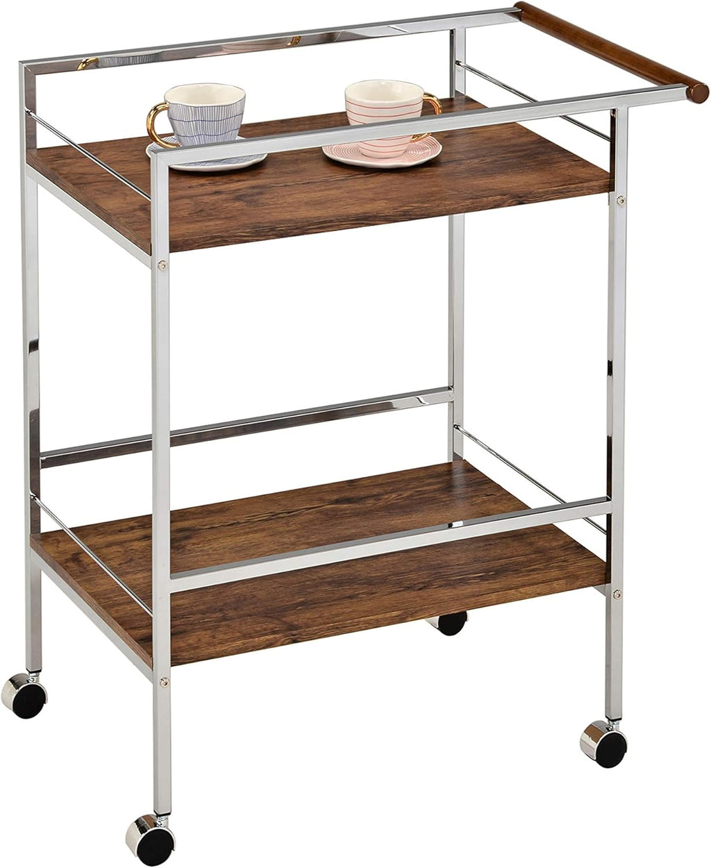 Chrome Oak Wood Metal Rolling Bar Serving Cart G5010