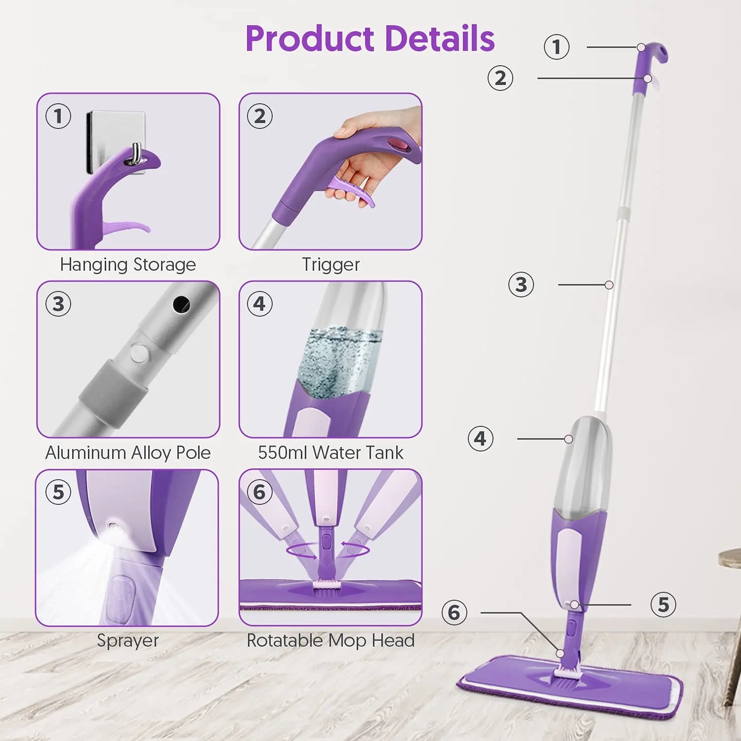 Spray Mop with 550ML Refillable Bottle, 3 Washable Microfiber Pads H26334
