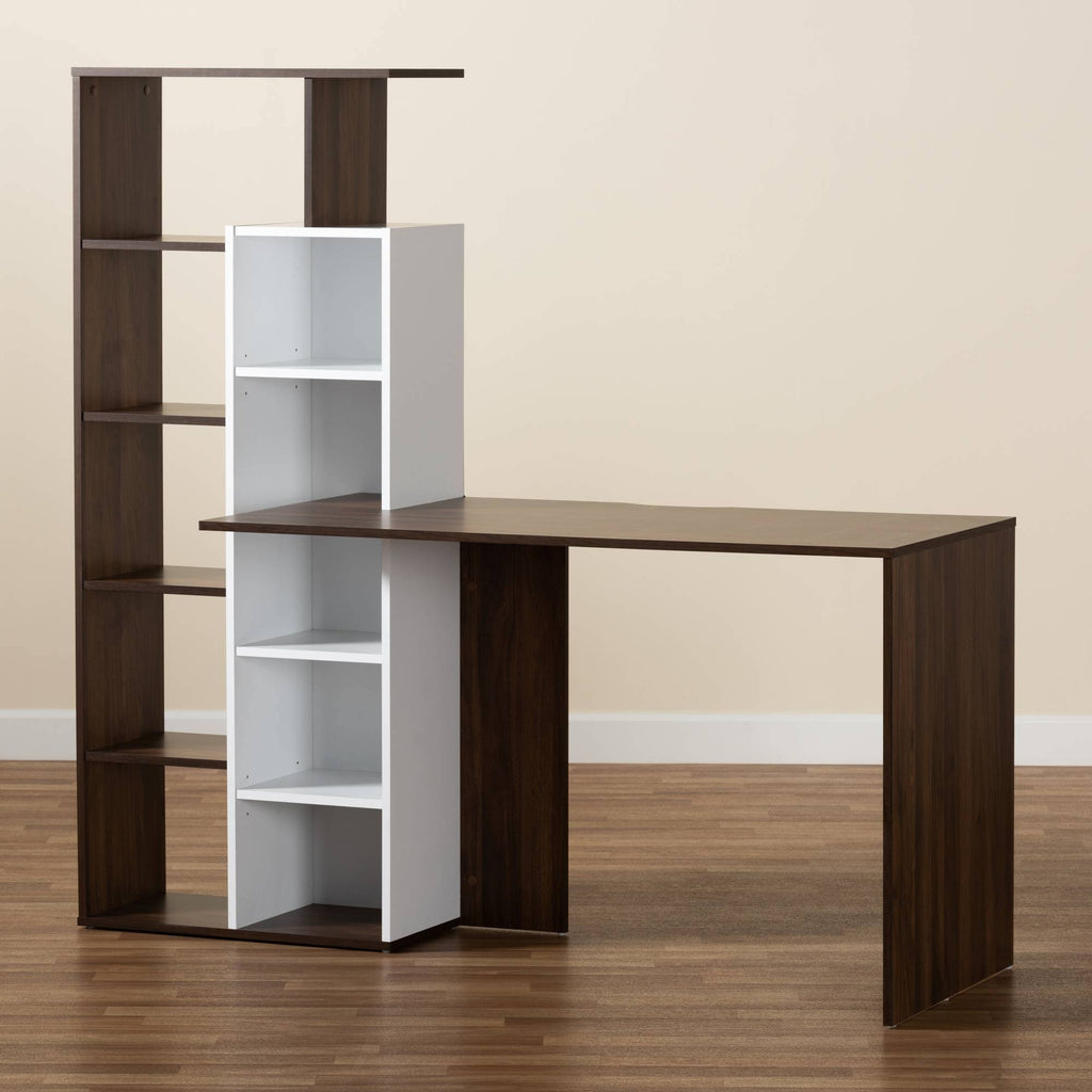 White & Walnut Brown Wood Storage Computer Desk with Shelves L573