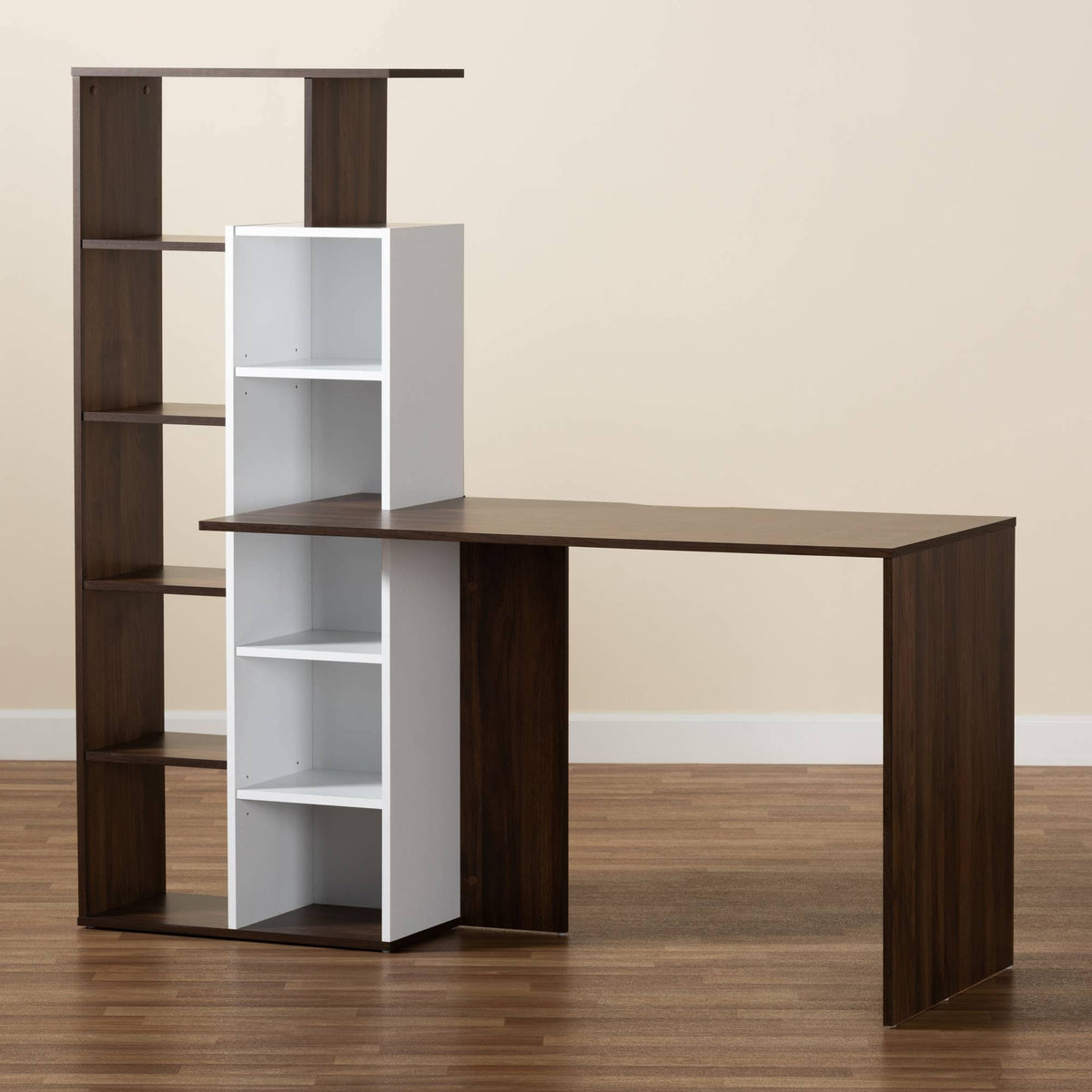 White & Walnut Brown Wood Storage Computer Desk with Shelves L573