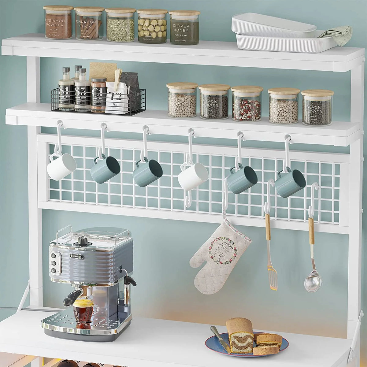 White 6-Tier Bakers Rack with Power Outlet and LED Lights V457