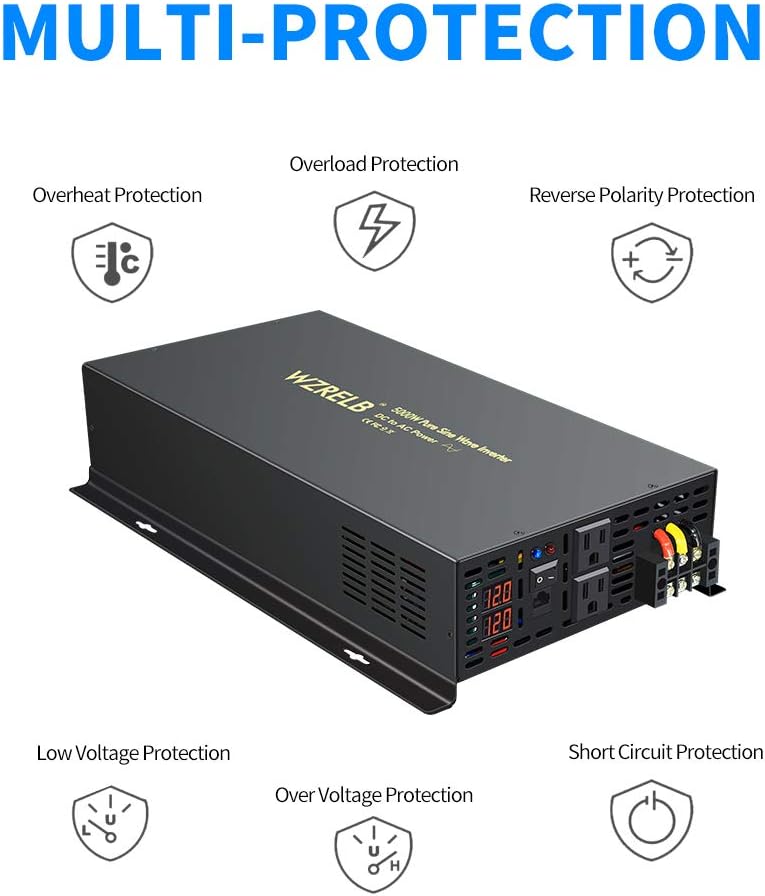 5000W Pure Sine Wave Power Inverter 12V DC to 110V 120V AC with Remote Control LED Display Dual AC Outlets G451
