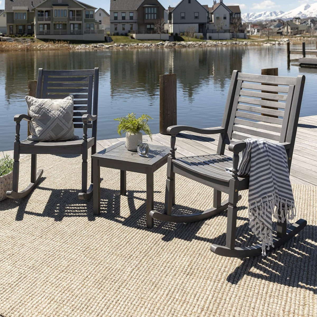 Brown Acacia Wood Slat Back Patio Rocking Chair I6895