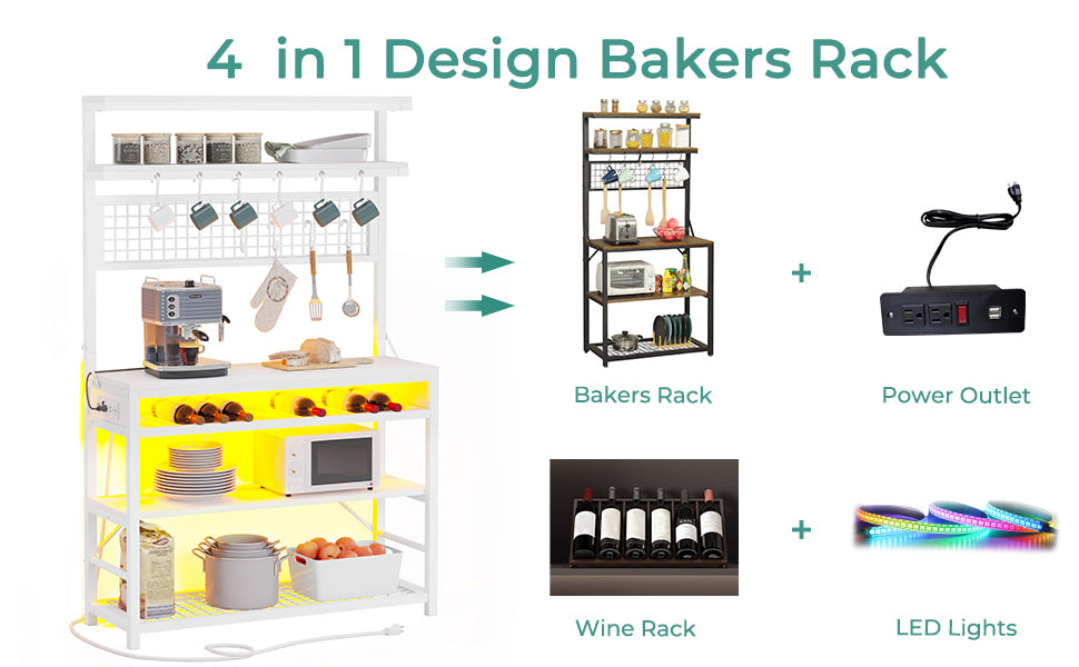 White 6-Tier Bakers Rack with Power Outlet and LED Lights V457