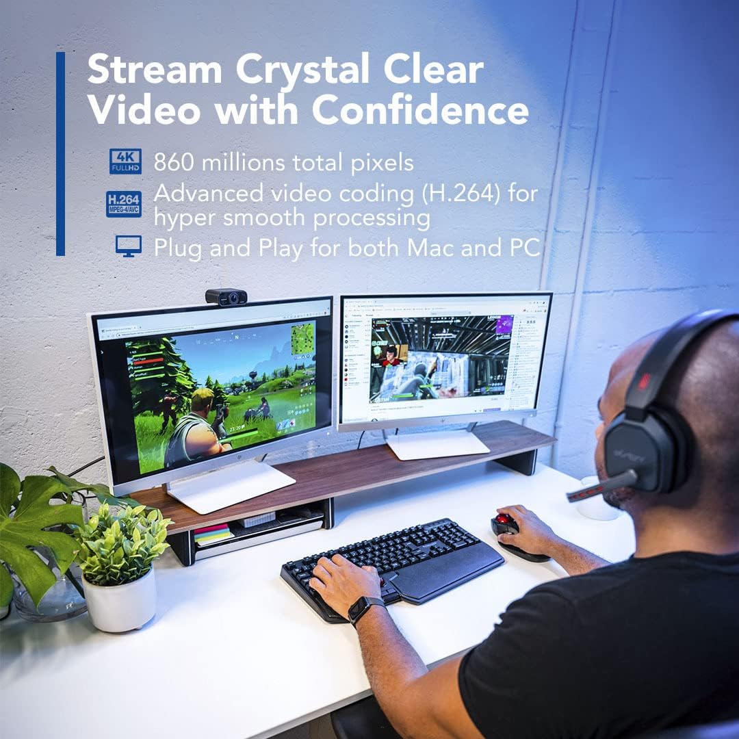 4K AI Auto-Tracking Webcam with Cover, 60fps, Dual Microphone, Ultra HD, 130-Degree Ultra Wide Angle S21459