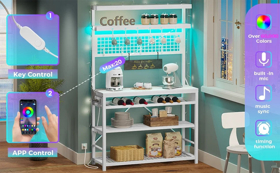 White 6-Tier Bakers Rack with Power Outlet and LED Lights V457