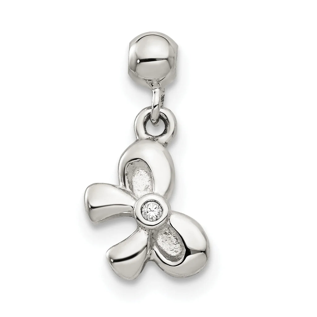 Sterling Silver Created Crystal Bow Charm Pendant with Rope Chain Necklace 20'' Q603