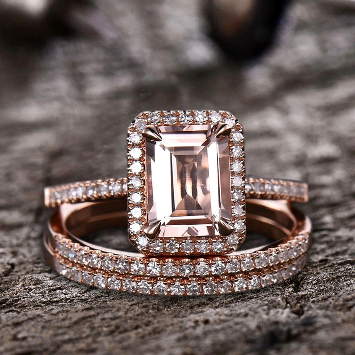 Emerald Cut Morganite Bridal Ring 10k Rose Gold Half Eternity V248