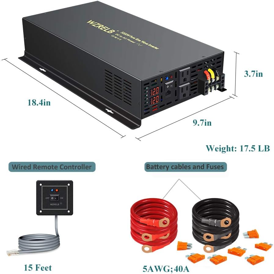 5000W Pure Sine Wave Power Inverter 12V DC to 110V 120V AC with Remote Control LED Display Dual AC Outlets G451