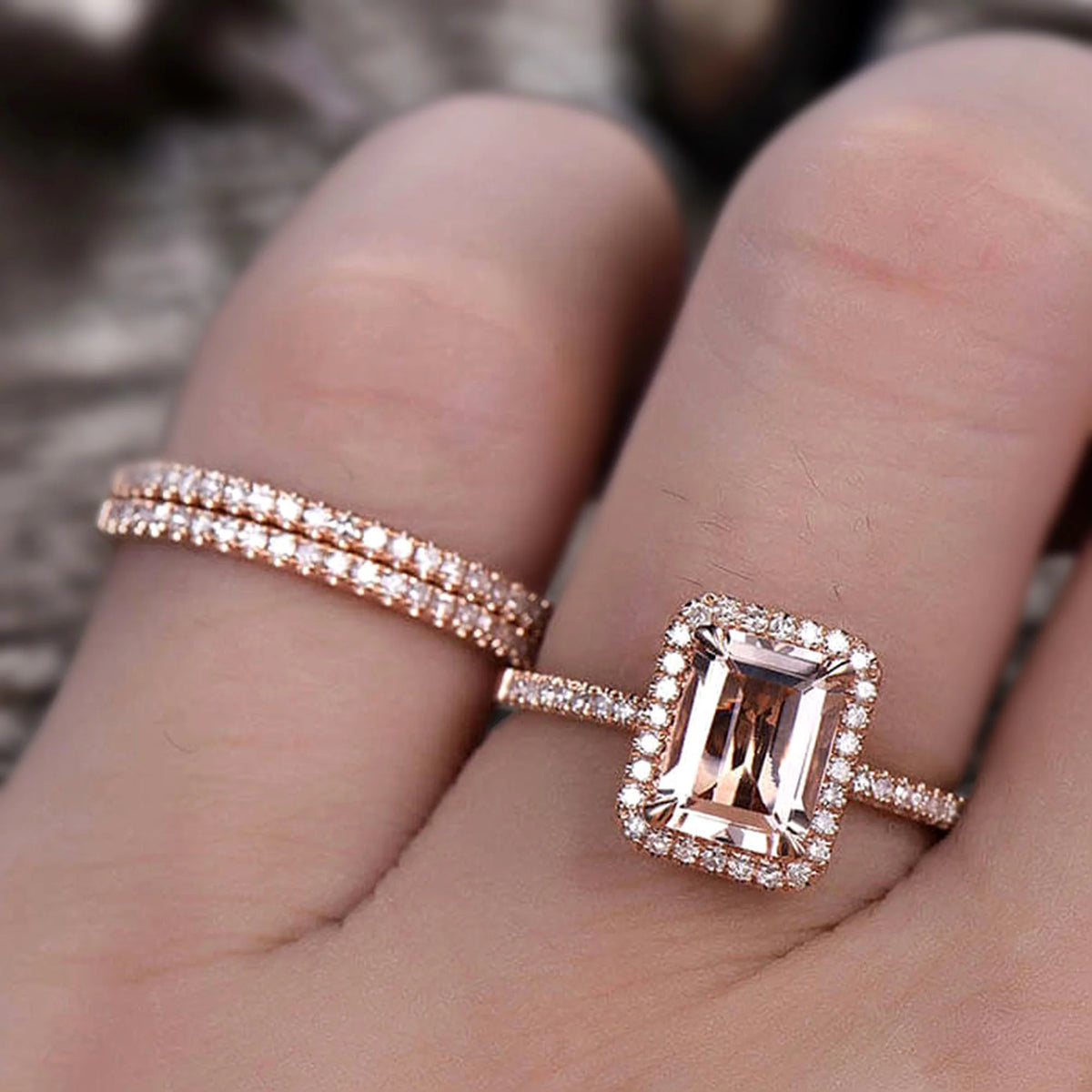 Emerald Cut Morganite Bridal Ring 10k Rose Gold Half Eternity V248