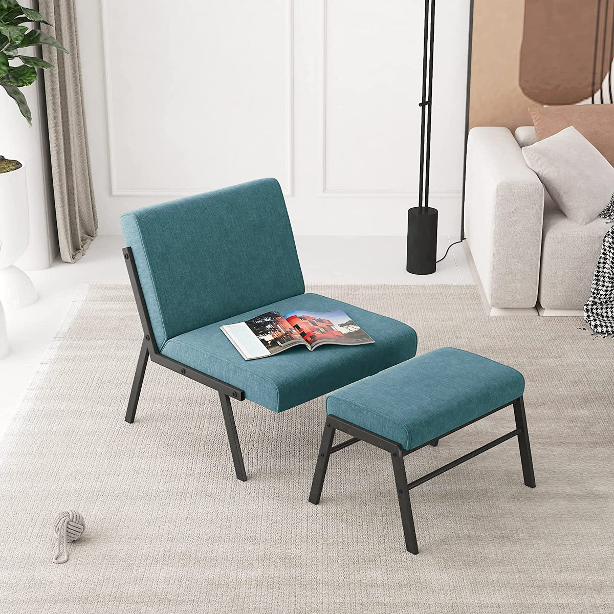 Blue Linen Upholstered Accent Chair with Ottoman U16363
