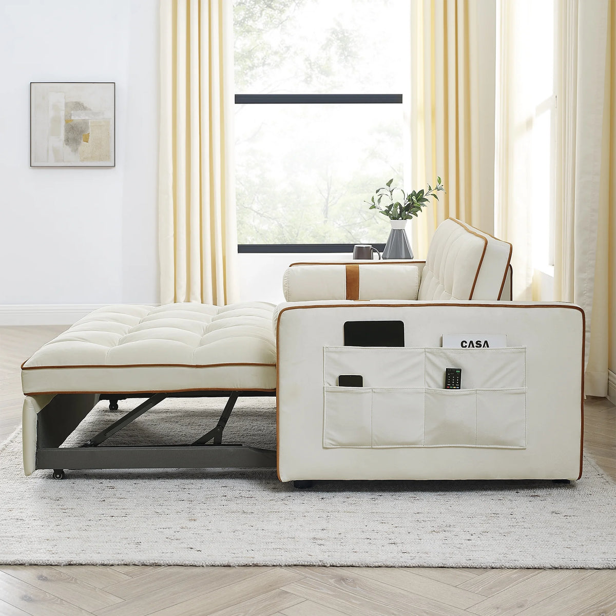 Beige 2 Seater Pull Out Sleep Sofa Bed with Side Pockets D599