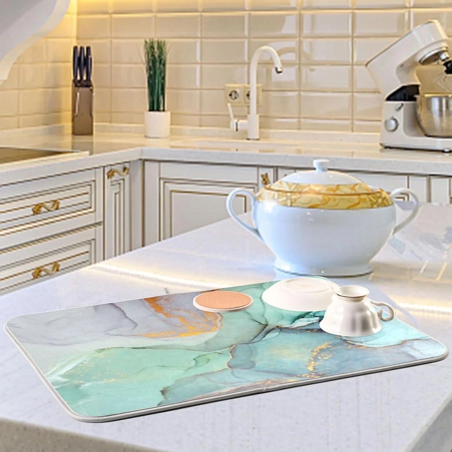 Green Marble Composite Sponge Dish Drying Mat 16x18Inch U172