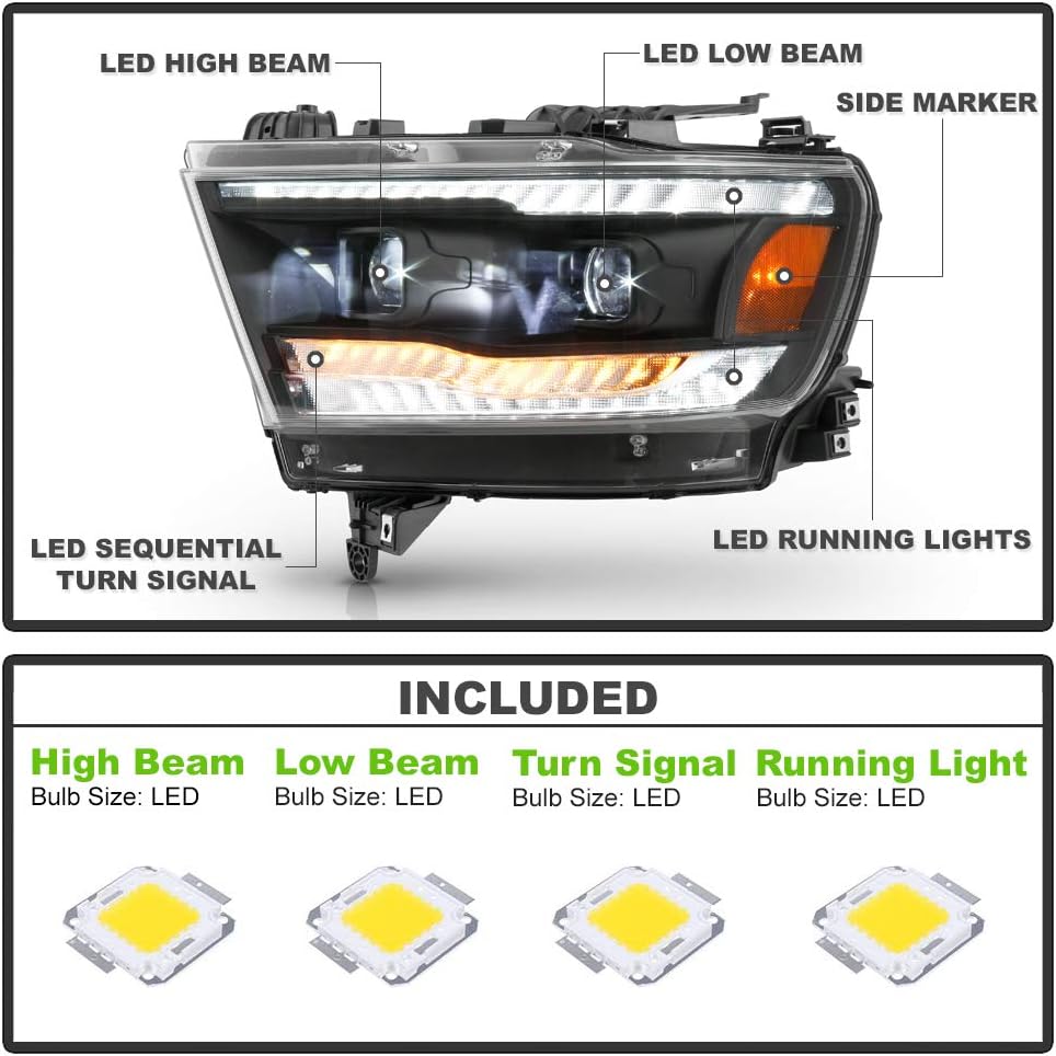 Black LED DRL Sequential Signal Dual Projector Headlights E8363
