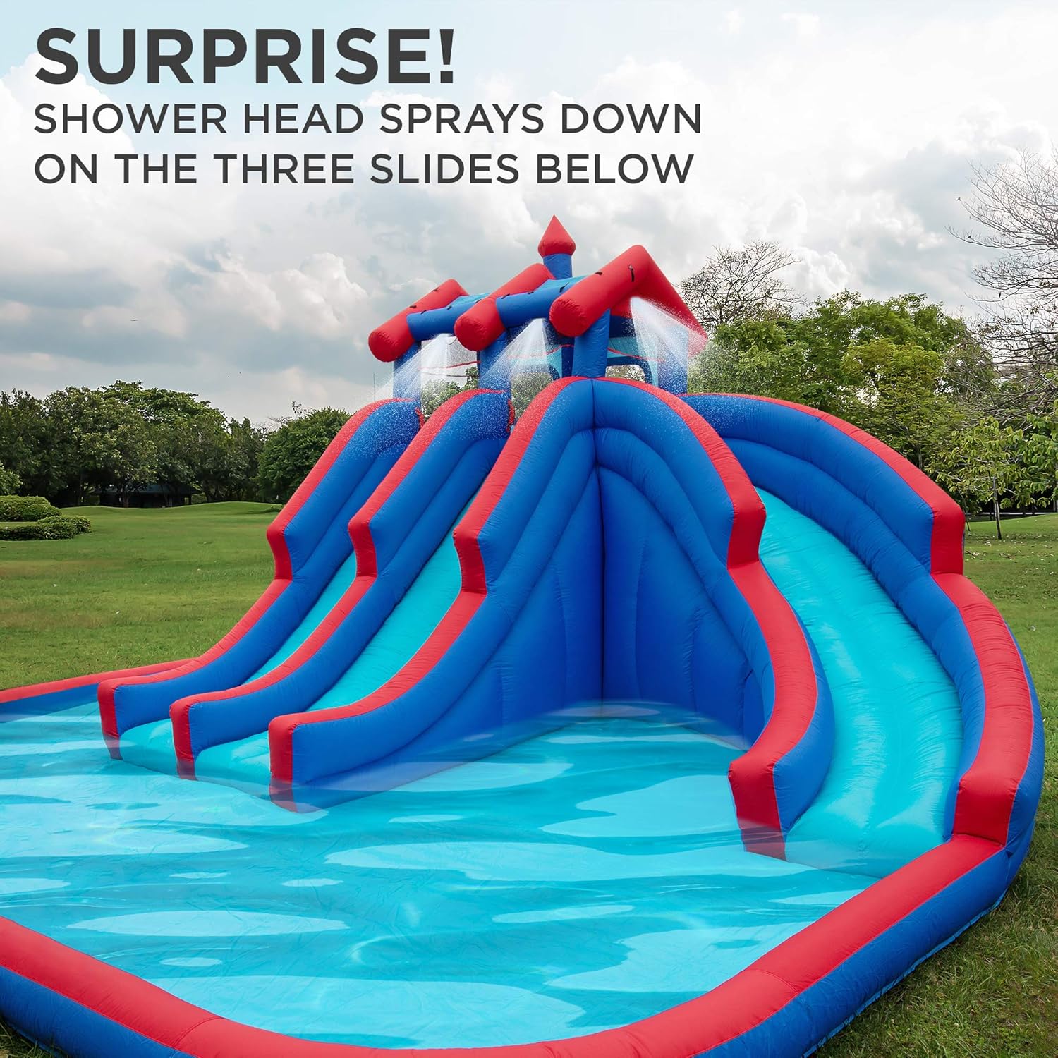 Mega Sport Inflatable Water Triple Slide Park with Climbing Wall, 3 Slides & Splash Pool J4846