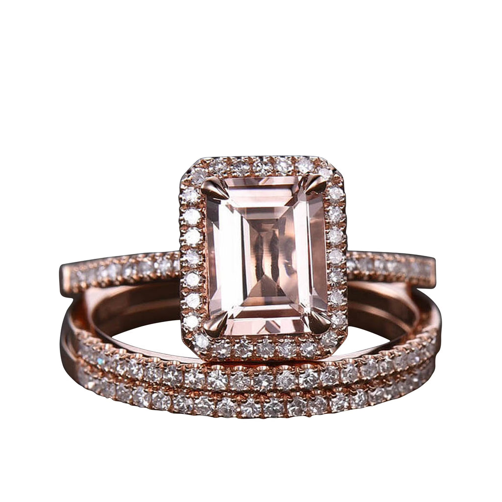 Emerald Cut Morganite Bridal Ring 10k Rose Gold Half Eternity V248