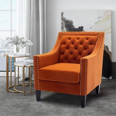 Orange Linen Accent Chair with Solid Wood Legs Y258051