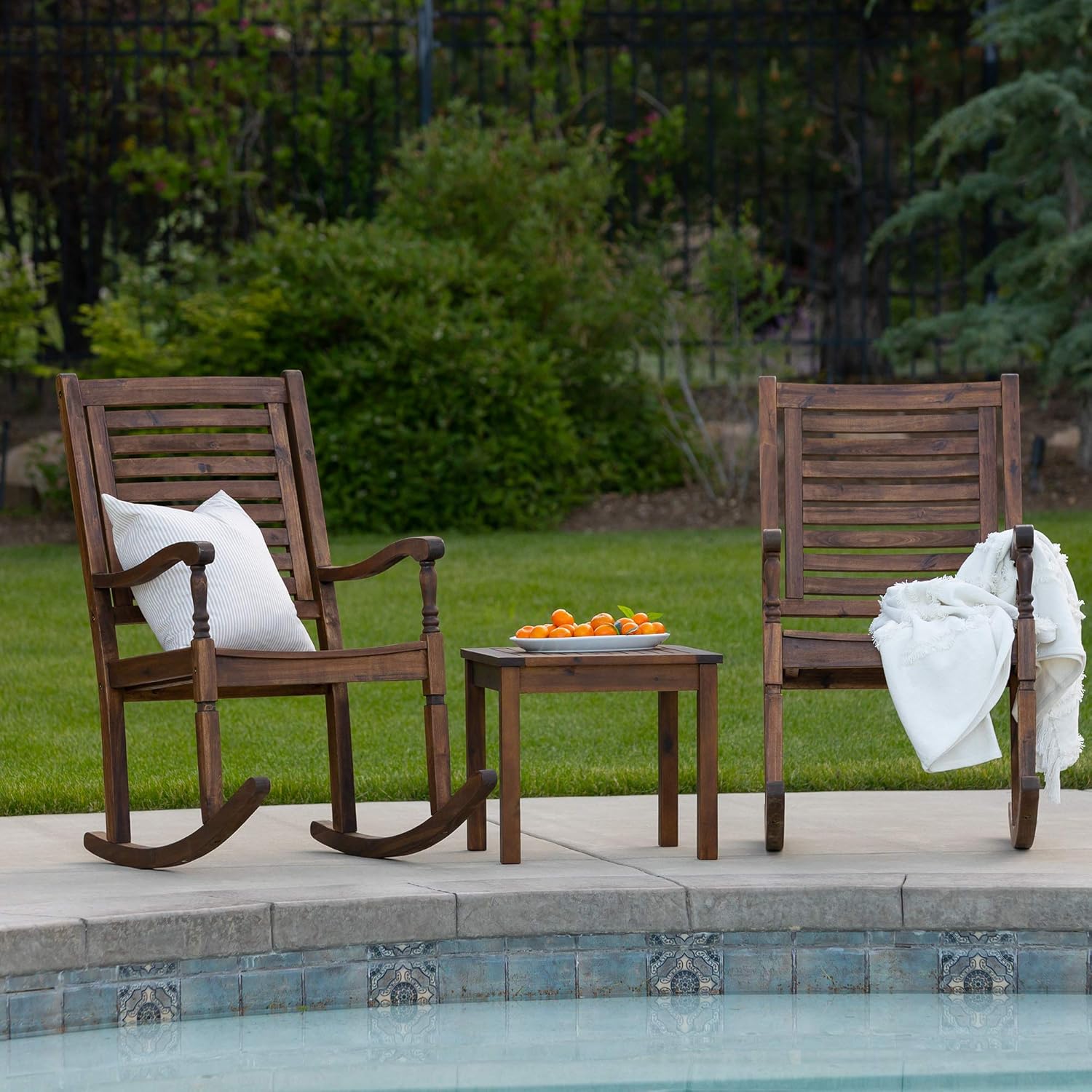 Brown Acacia Wood Slat Back Patio Rocking Chair I6895