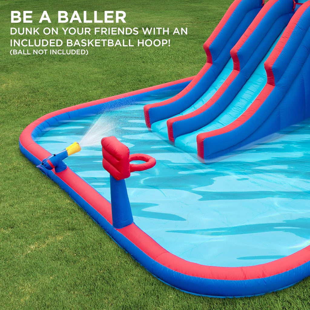 Mega Sport Inflatable Water Triple Slide Park with Climbing Wall, 3 Slides & Splash Pool J4846