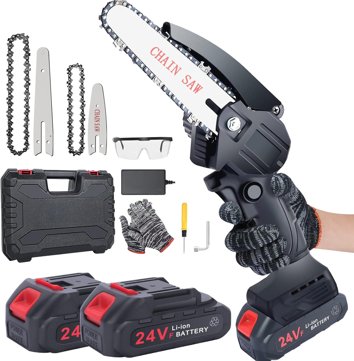 Mini Chainsaw 6-Inch Cordless with 2 Battery, Security Lock, Pack of 2 N7080