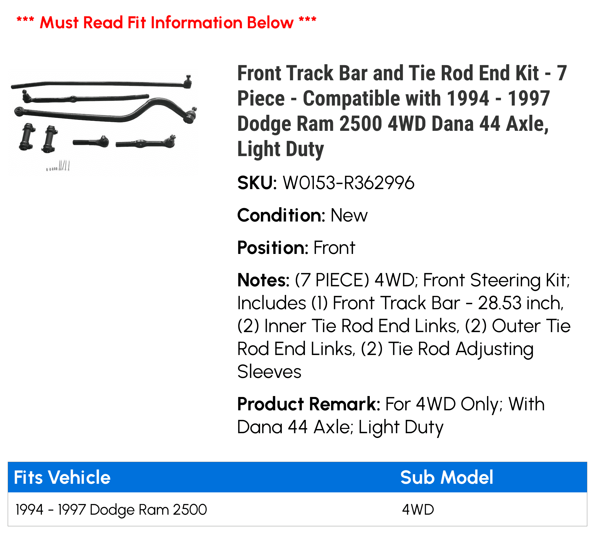 Front Track Bar and Tie Rod End Kit 7 Piece O462